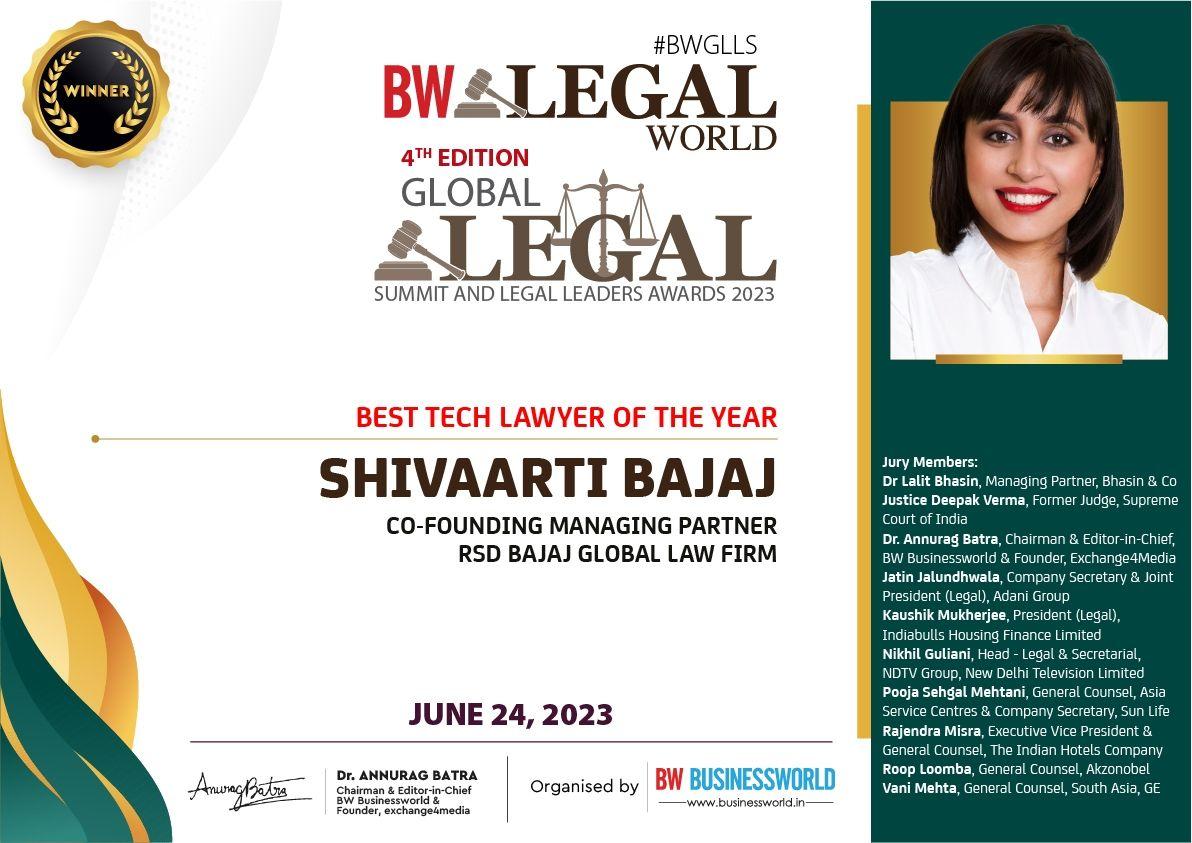BW Legal World Best Tech Lawyer of the Year 2023 - Shivaarti Bajaj Certificate
