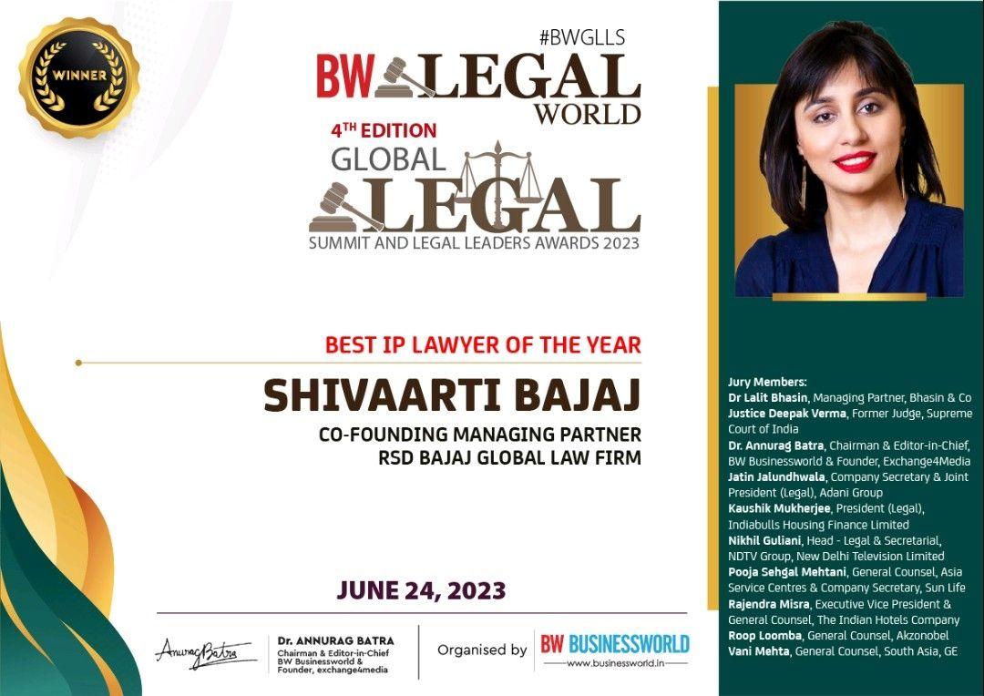 BW Legal World Best IP Lawyer of the Year 2023 - Shivaarti Bajaj Certificate